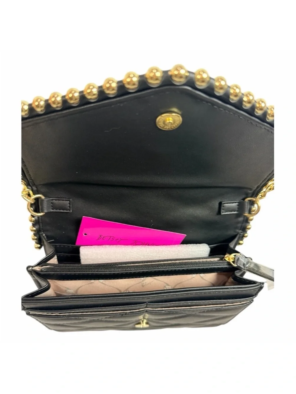 Betsey Johnson Black Quilted Crossbody with Gold Studs & Chain